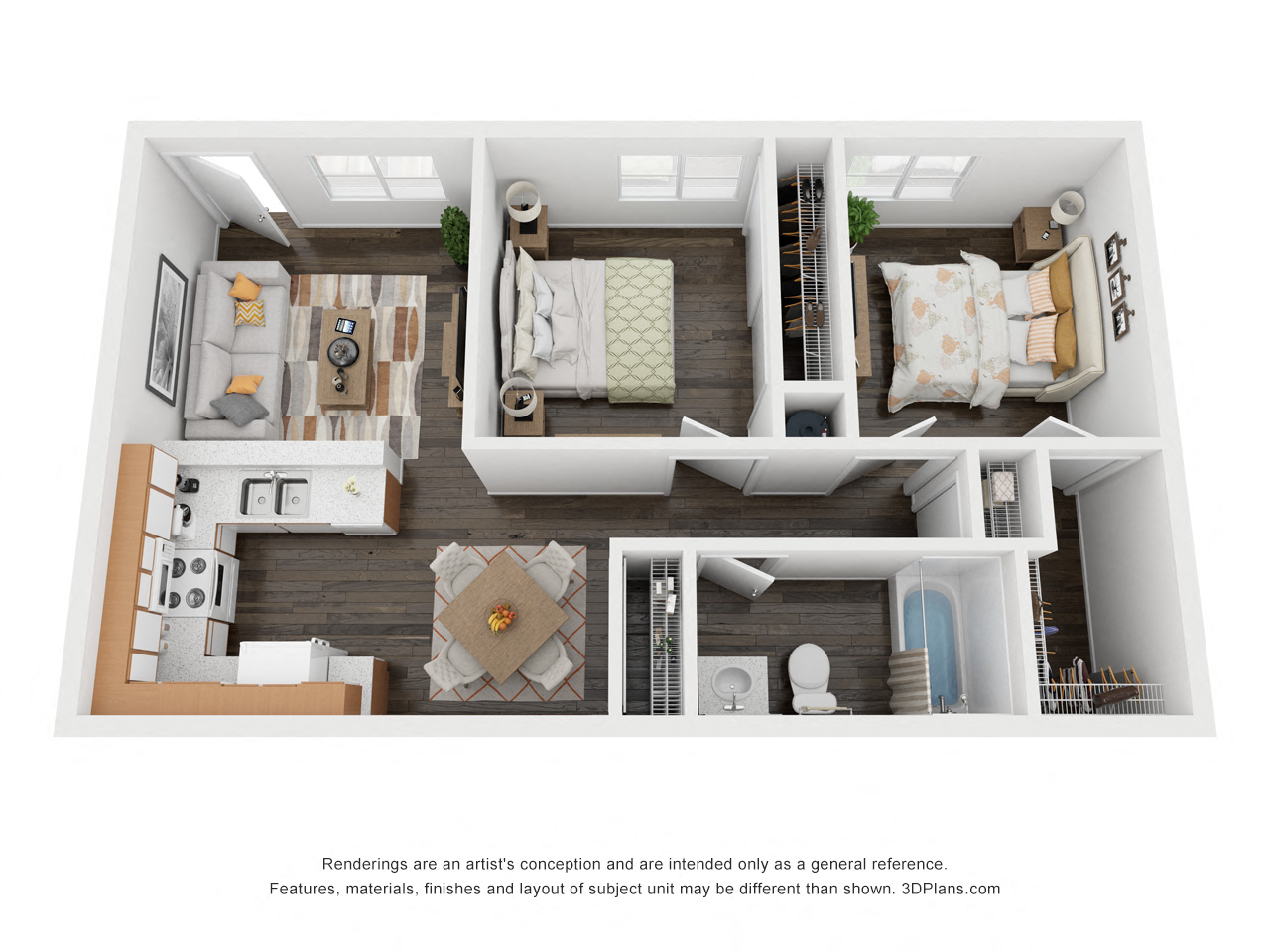 Floor plan for 2 beds, 1 bath, 610 sqft